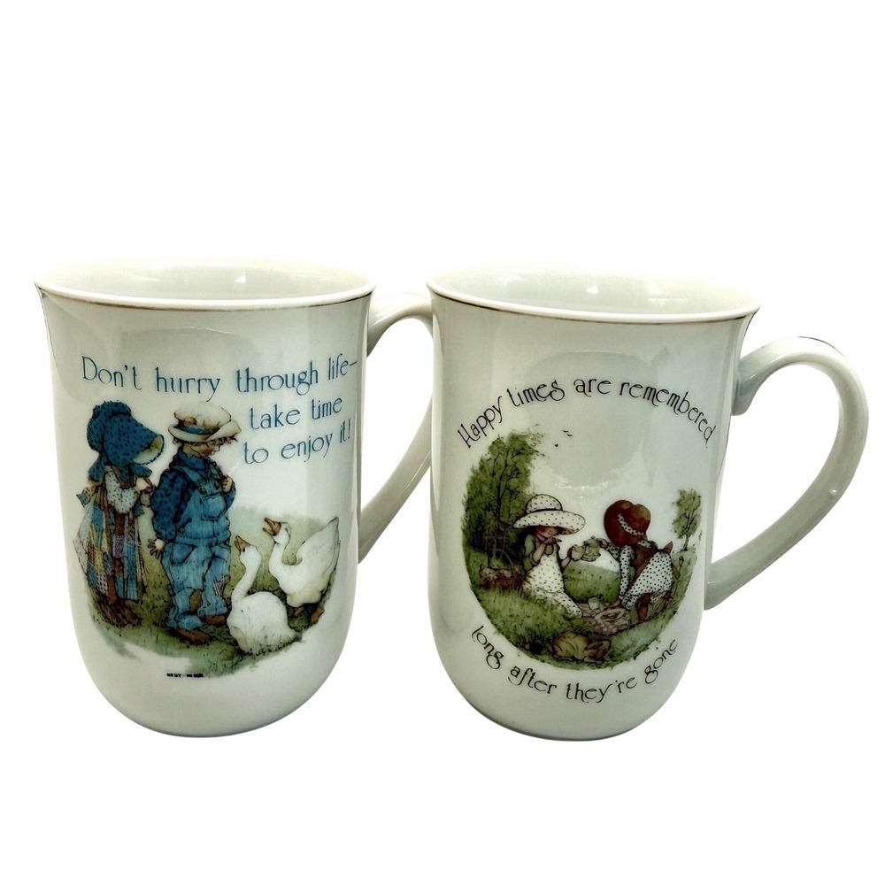 Holly Hobbie Porcelain Coffee Mug Set 2 Vintage Japan Quote‎ Goose Tea Cups